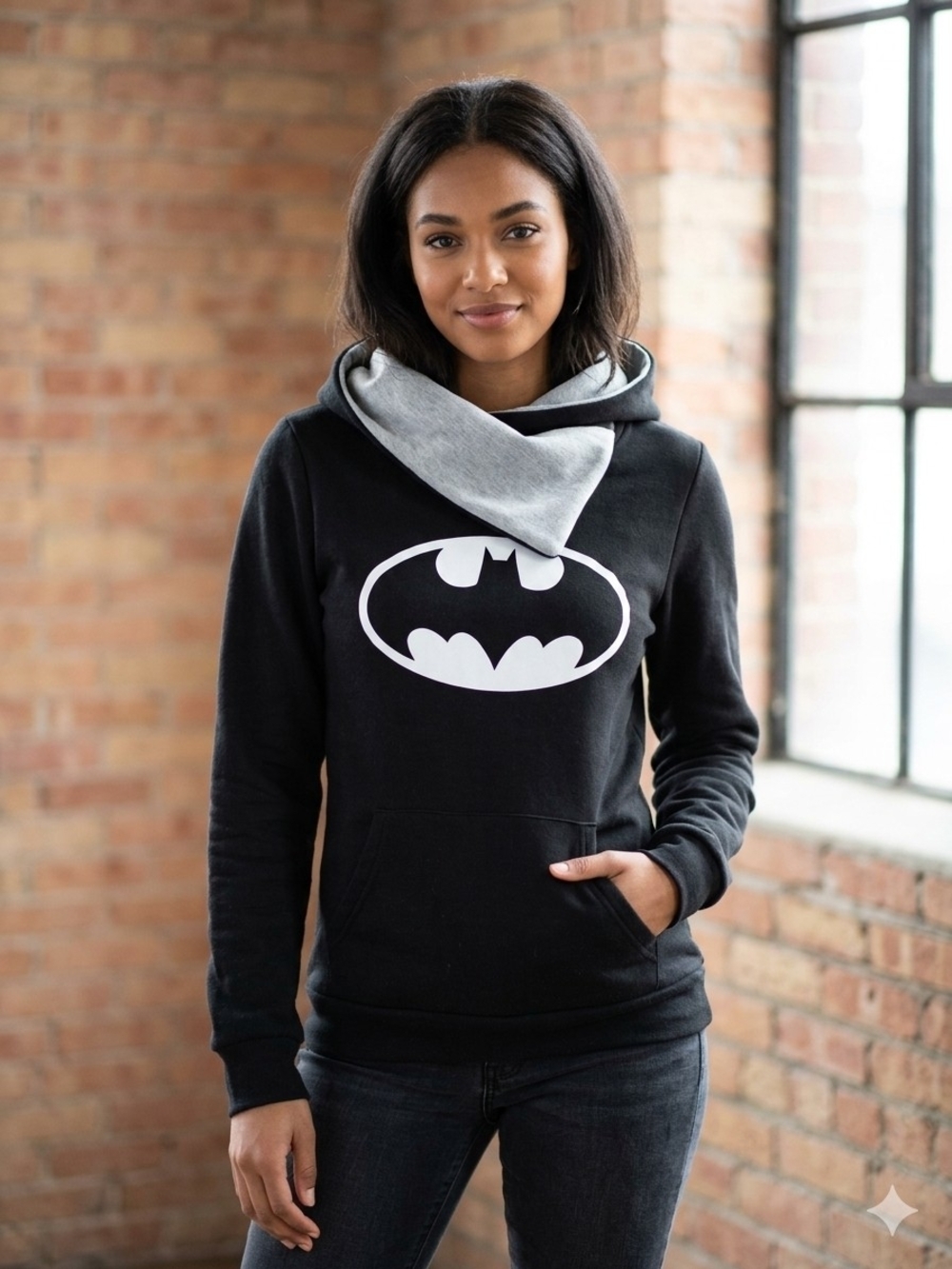 Batman Women’s Black Graphic Pullover Hoodie with Contrast Lining Sz L